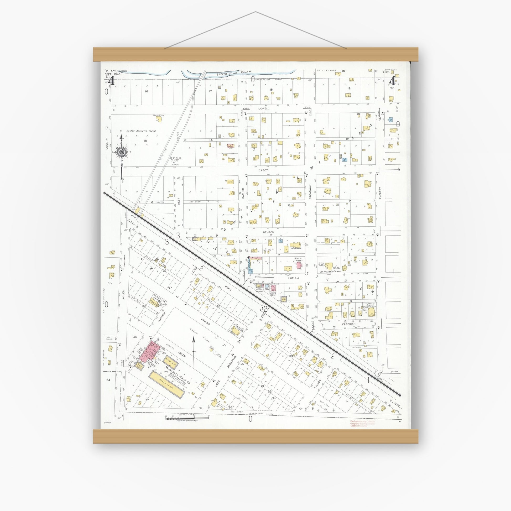Old map wall art mockup — magnetic wood frame on white wall — Sanborn Fire Insurance Map from Le Roy, Mower County, Minnesota (1948), Sheet #0004