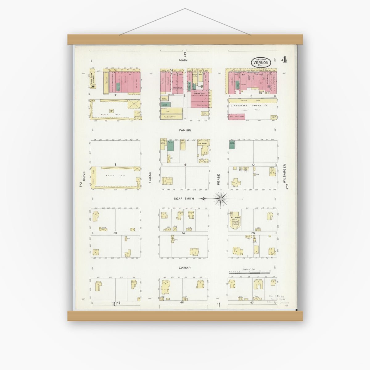 Old map wall art mockup — magnetic wood frame on white wall — Sanborn Fire Insurance Map from Vernon, Wilbarger County, Texas (1907), Sheet #0004
