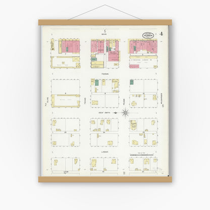 Old map wall art mockup — magnetic wood frame on white wall — Sanborn Fire Insurance Map from Vernon, Wilbarger County, Texas (1907), Sheet #0004