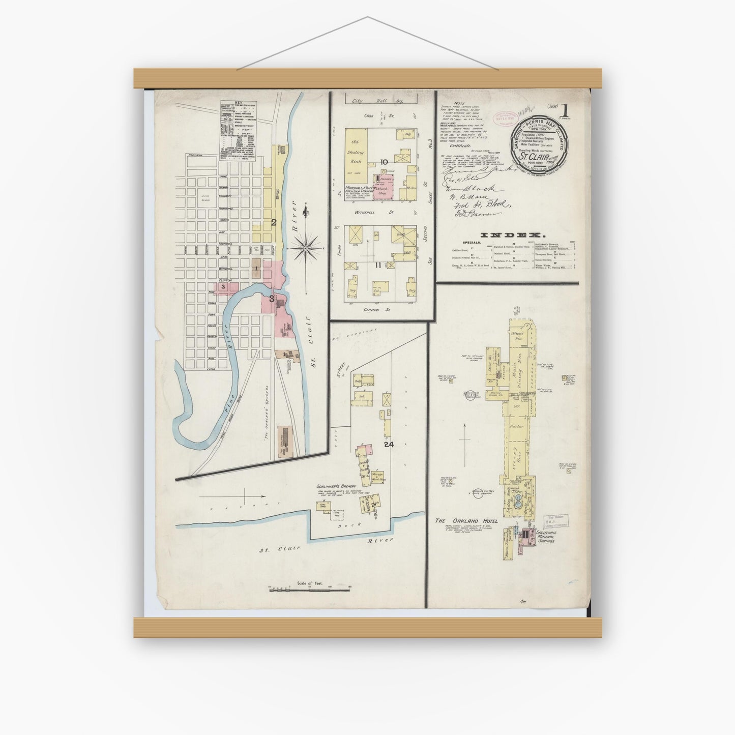 Old map wall art mockup — magnetic wood frame on white wall — Sanborn Fire Insurance Map from Saint Clair, Saint Clair County, Michigan (1890) - Complete Map Set