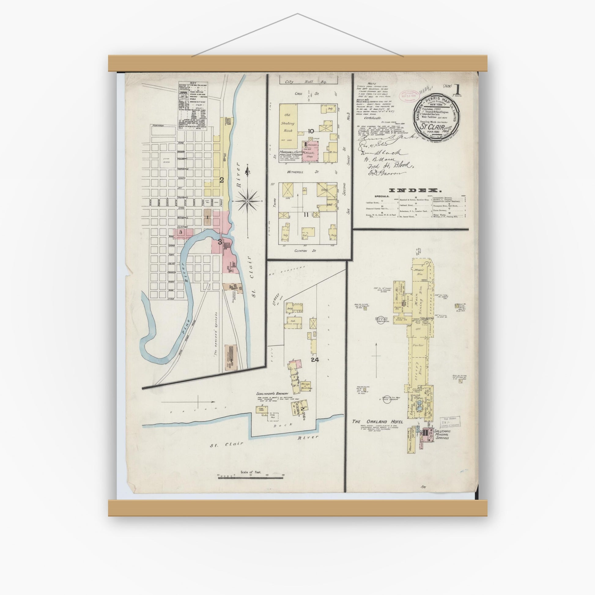 Old map wall art mockup — magnetic wood frame on white wall — Sanborn Fire Insurance Map from Saint Clair, Saint Clair County, Michigan (1890) - Complete Map Set