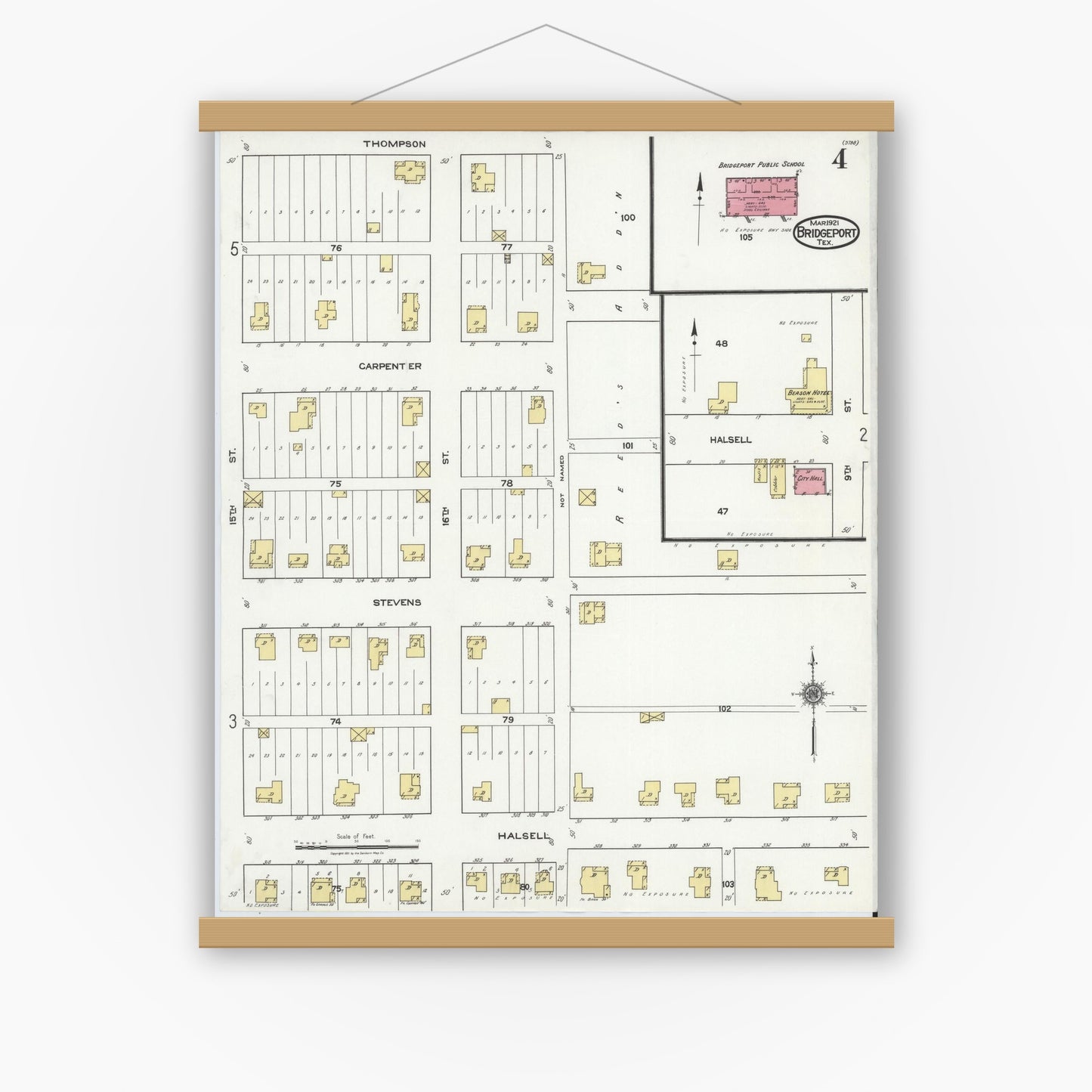 Old map wall art mockup — magnetic wood frame on white wall — Sanborn Fire Insurance Map from Bridgeport, Wise County, Texas (1921), Sheet #0004
