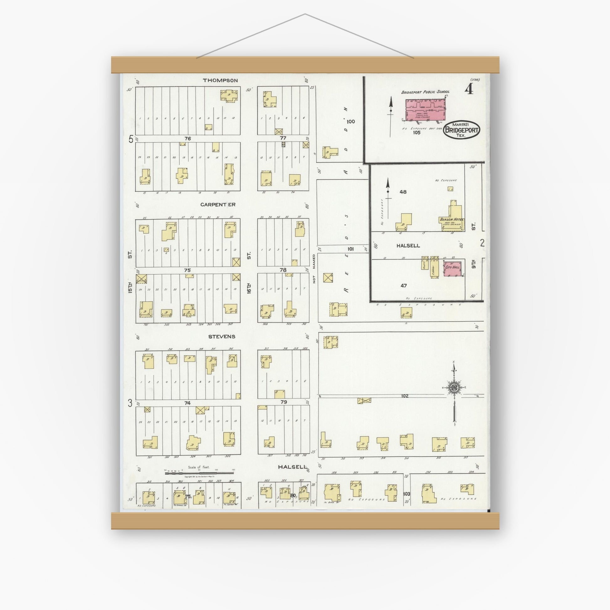 Old map wall art mockup — magnetic wood frame on white wall — Sanborn Fire Insurance Map from Bridgeport, Wise County, Texas (1921), Sheet #0004