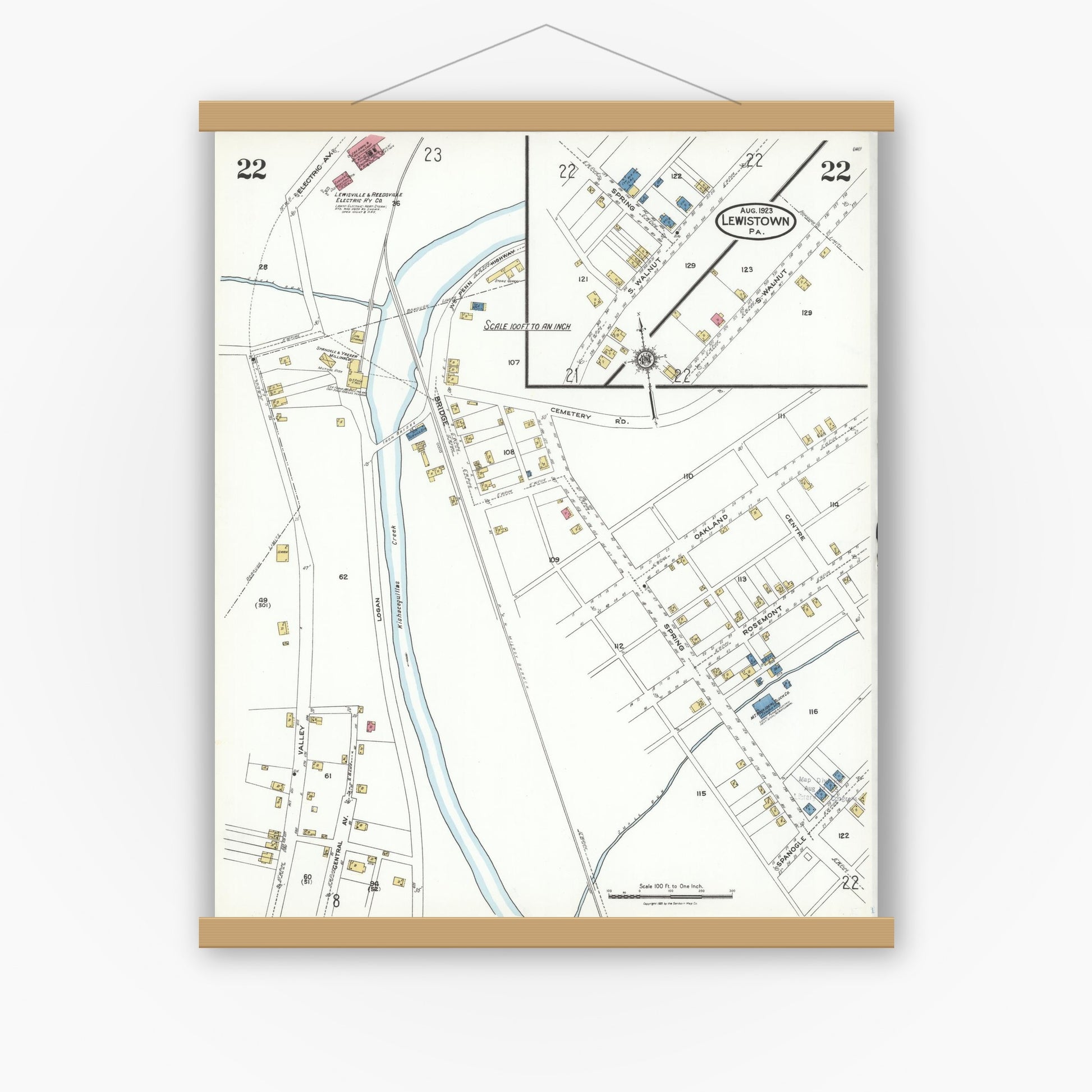 Old map wall art mockup — magnetic wood frame on white wall — Sanborn Fire Insurance Map from Lewistown, Mifflin County, Pennsylvania (1923), Sheet #0022