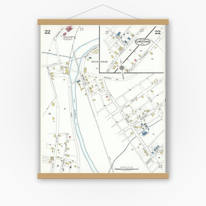 Old map wall art mockup — magnetic wood frame on white wall — Sanborn Fire Insurance Map from Lewistown, Mifflin County, Pennsylvania (1923), Sheet #0022