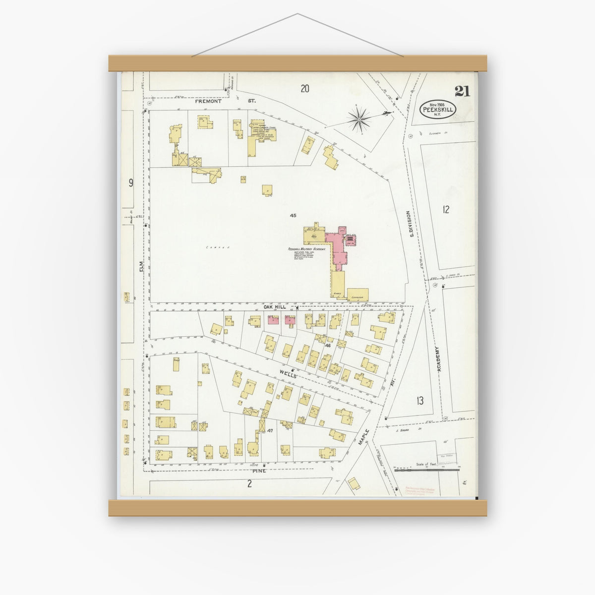 Old map wall art mockup — magnetic wood frame on white wall — Sanborn Fire Insurance Map from Peekskill, Westchester County, New York (1905), Sheet #0021