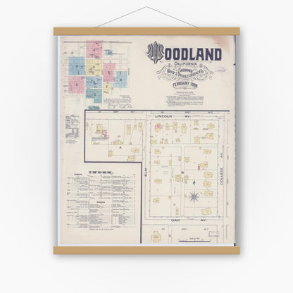 Old map wall art mockup — magnetic wood frame on white wall — Sanborn Fire Insurance Map from Woodland, Yolo County, California (1886) - Complete Map Set