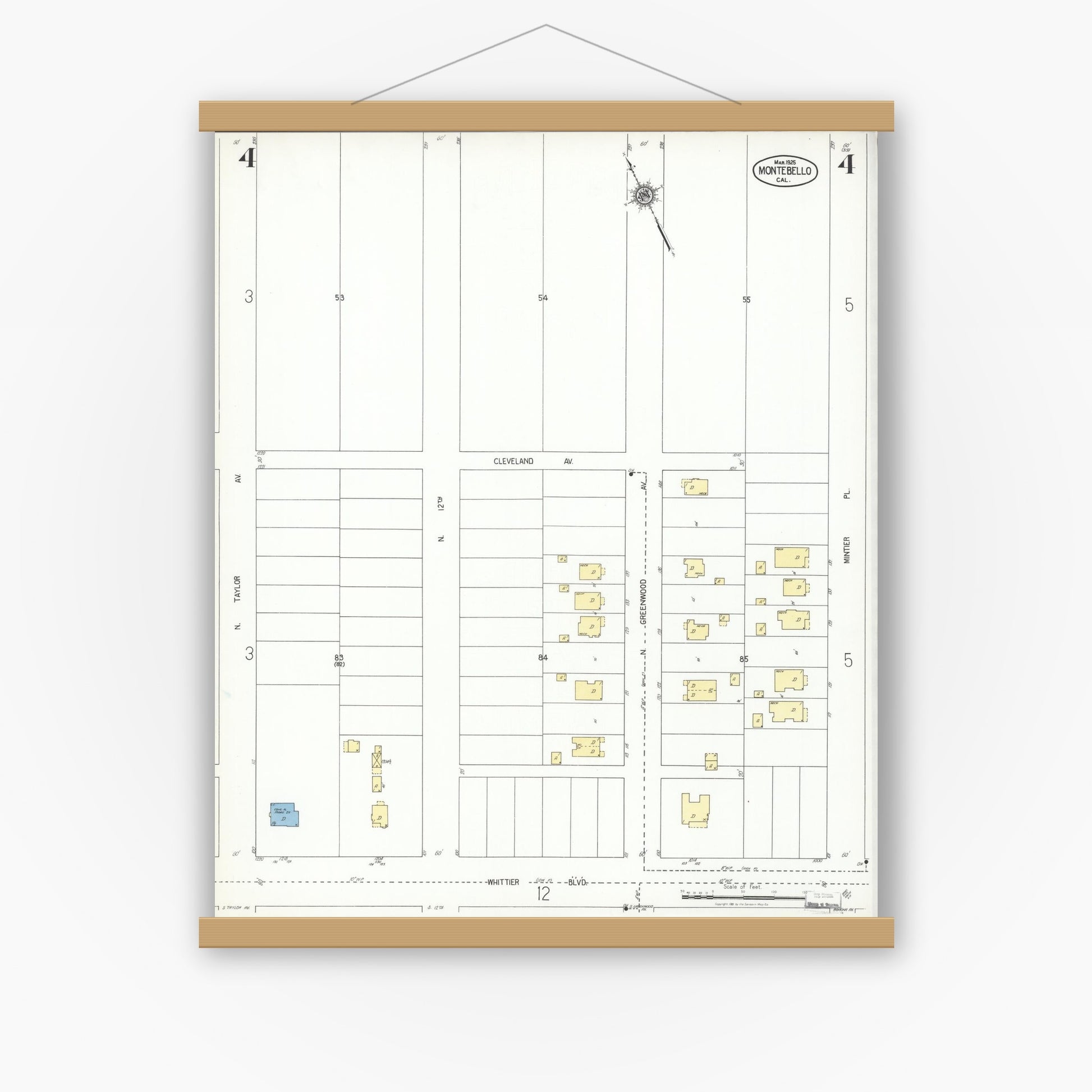 Old map wall art mockup — magnetic wood frame on white wall — Sanborn Fire Insurance Map from Montebello, Los Angeles County, California (1925), Sheet #0004