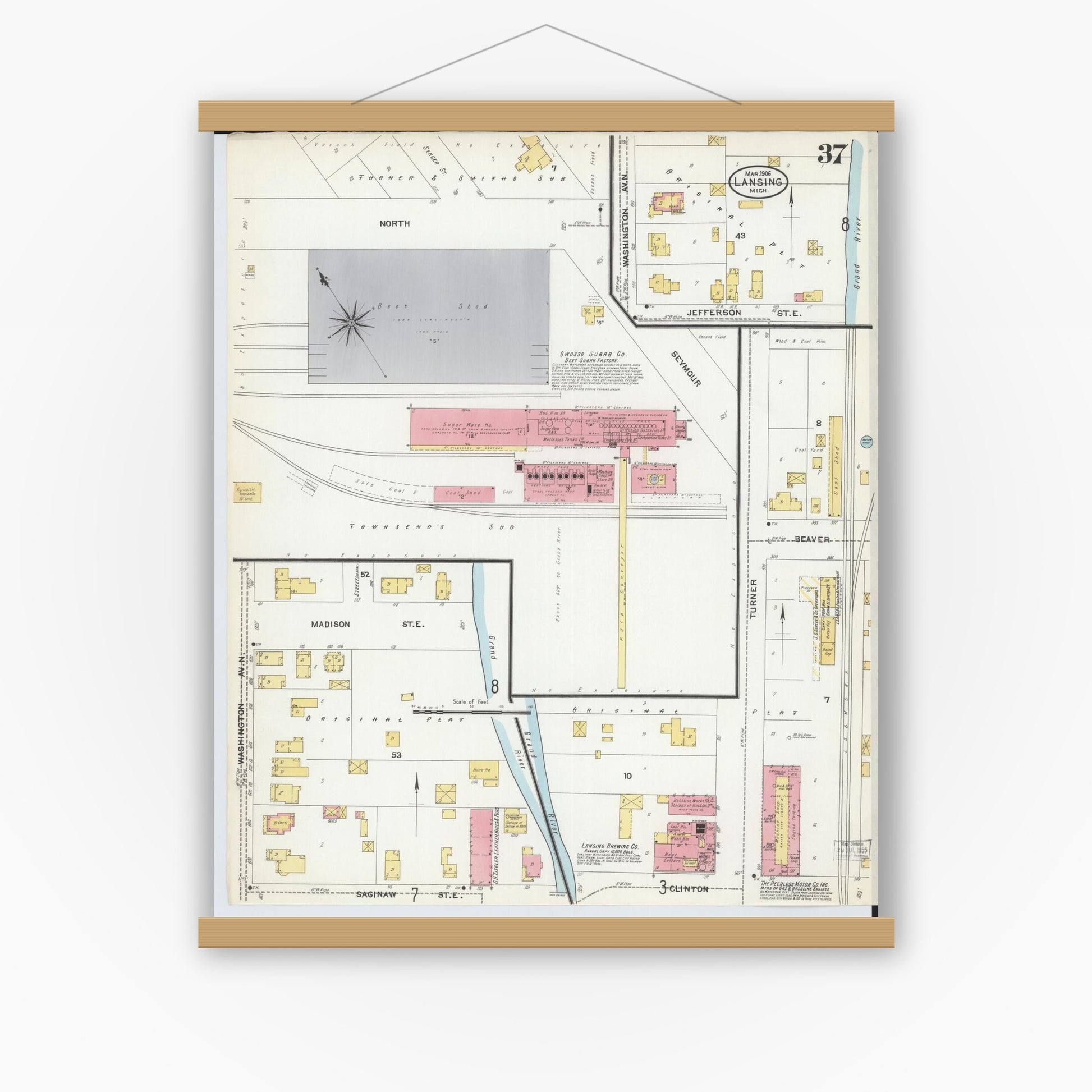 Old map wall art mockup — magnetic wood frame on white wall — Sanborn Fire Insurance Map from Lansing, Ingham County, Michigan (1906), Sheet #0037