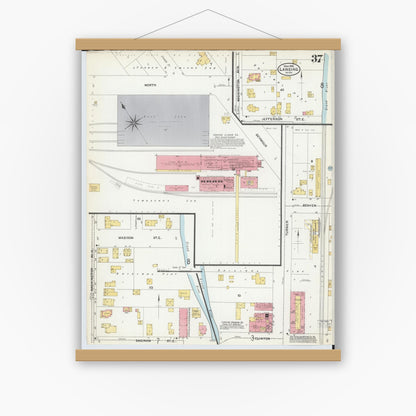 Old map wall art mockup — magnetic wood frame on white wall — Sanborn Fire Insurance Map from Lansing, Ingham County, Michigan (1906), Sheet #0037
