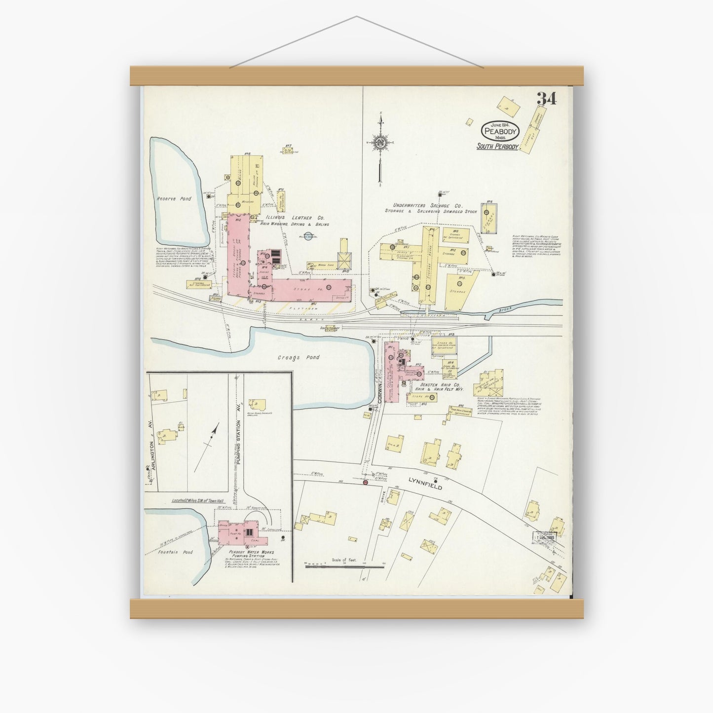 Old map wall art mockup — magnetic wood frame on white wall — Sanborn Fire Insurance Map from Peabody, Essex County, Massachusetts (1914), Sheet #0034