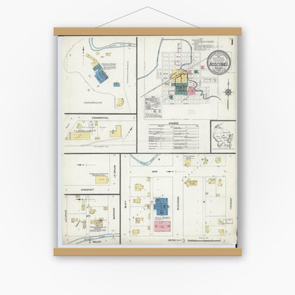 Old map wall art mockup — magnetic wood frame on white wall — Sanborn Fire Insurance Map from Boscobel, Grant County, Wisconsin (1912) - Complete Map Set