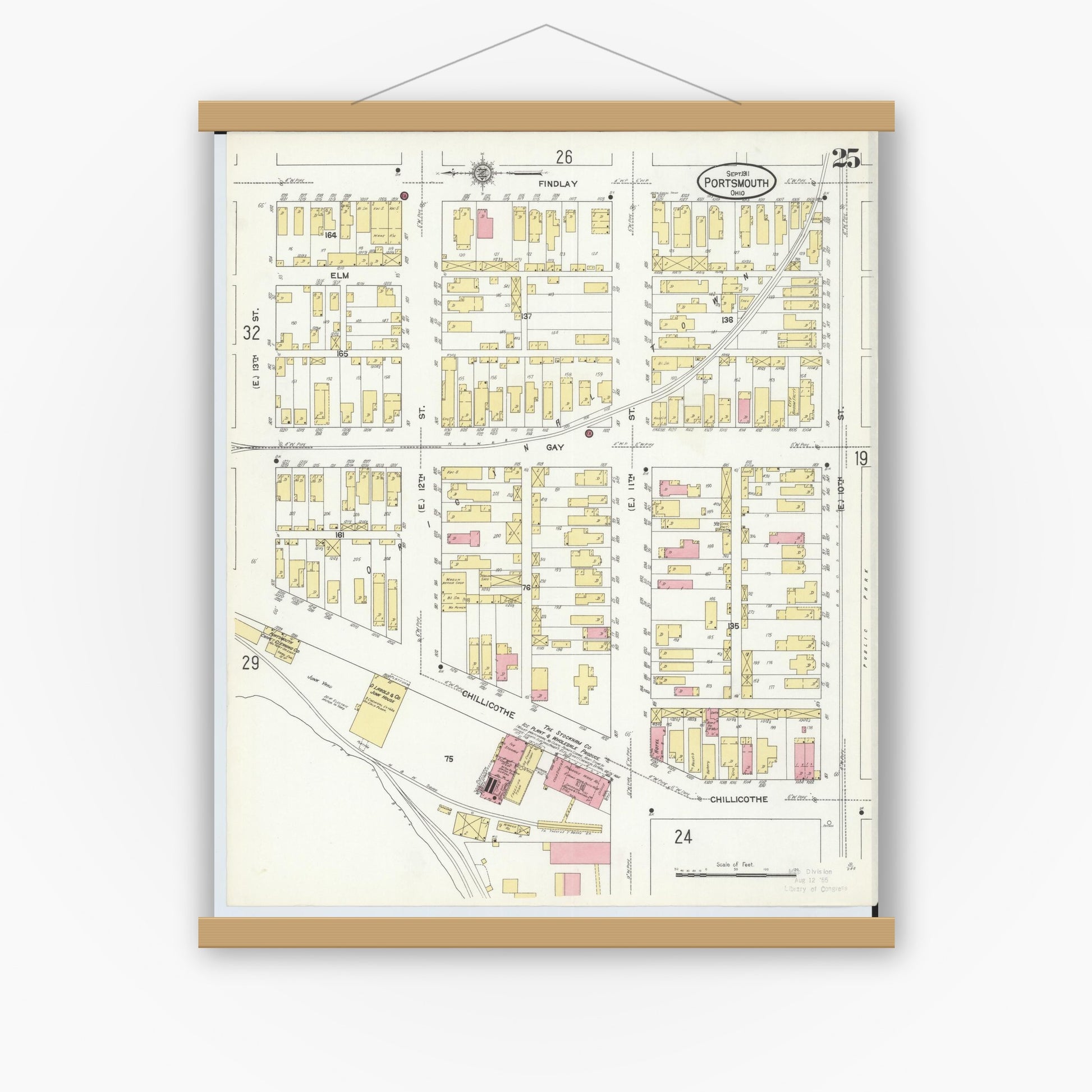 Old map wall art mockup — magnetic wood frame on white wall — Sanborn Fire Insurance Map from Portsmouth, Scioto County, Ohio (1911), Sheet #0025