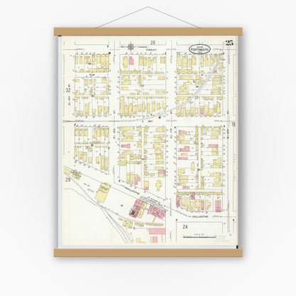 Old map wall art mockup — magnetic wood frame on white wall — Sanborn Fire Insurance Map from Portsmouth, Scioto County, Ohio (1911), Sheet #0025