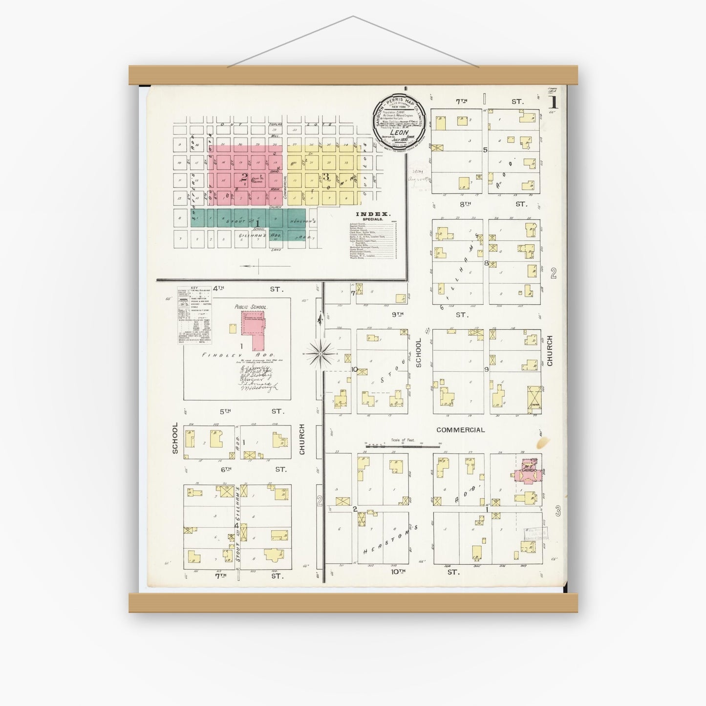 Old map wall art mockup — magnetic wood frame on white wall — Sanborn Fire Insurance Map from Leon, Decatur County, Iowa (1893) â€” Complete Set