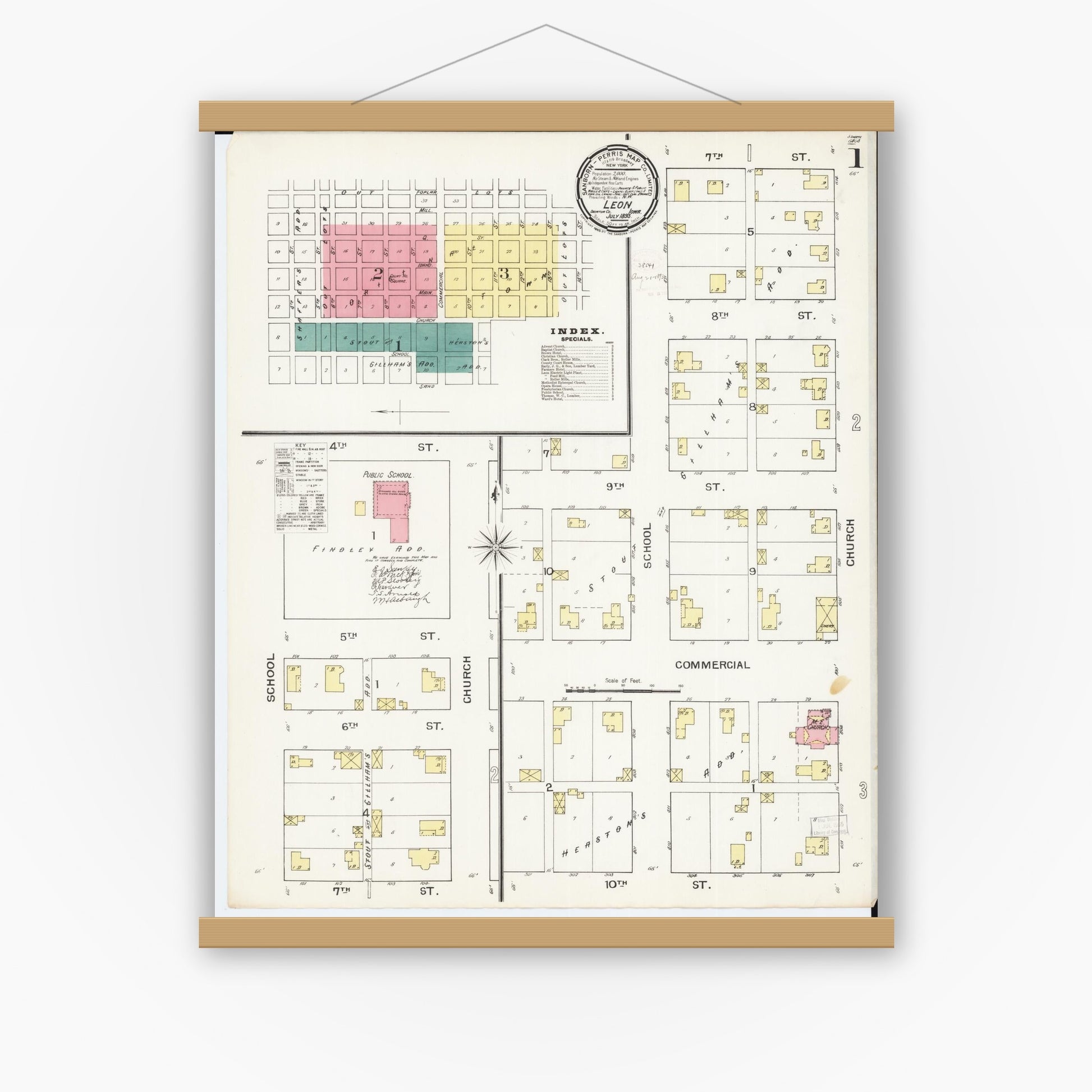 Old map wall art mockup — magnetic wood frame on white wall — Sanborn Fire Insurance Map from Leon, Decatur County, Iowa (1893) â€” Complete Set
