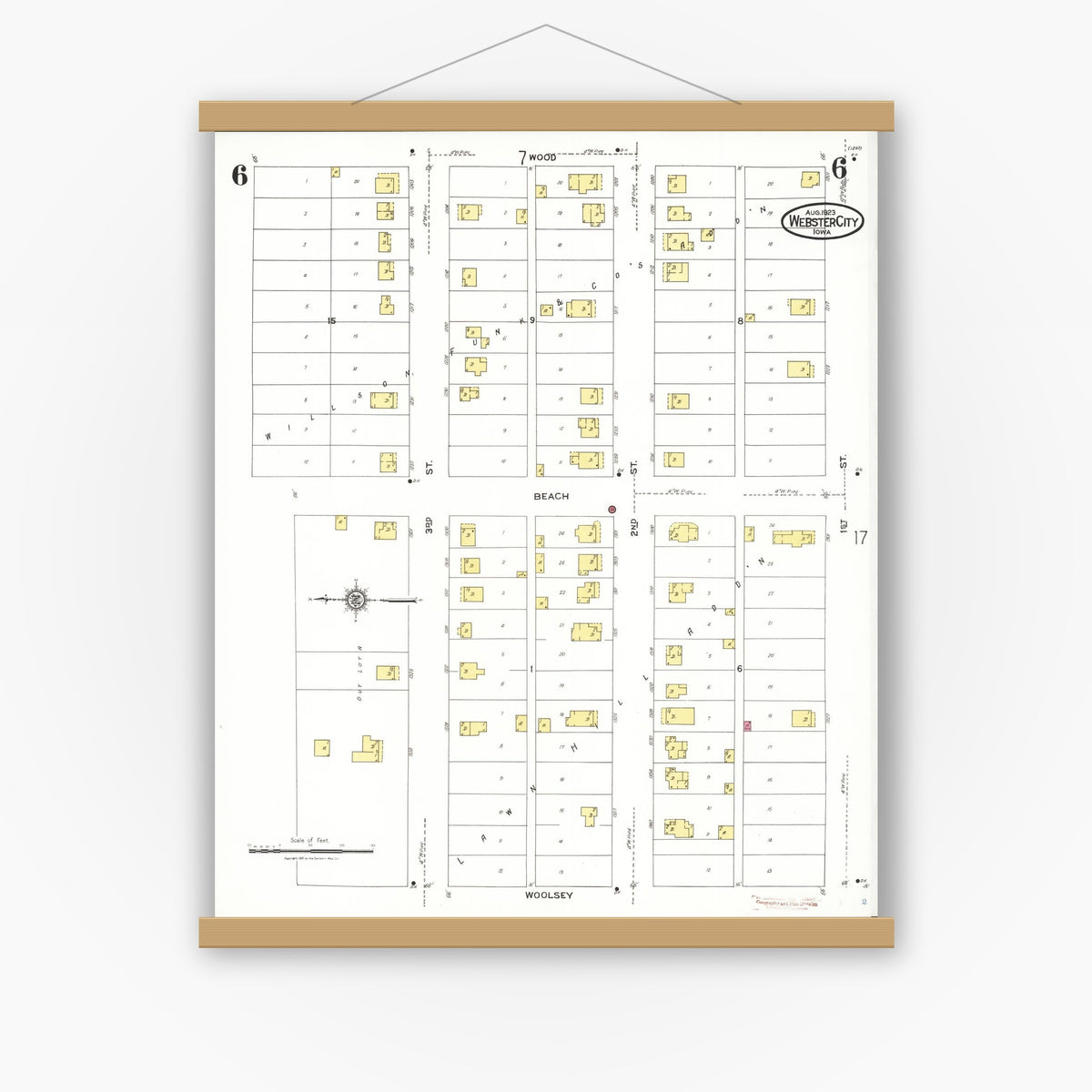 Old map wall art mockup — magnetic wood frame on white wall — Sanborn Fire Insurance Map from Webster City, Hamilton County, Iowa (1923), Sheet #0006