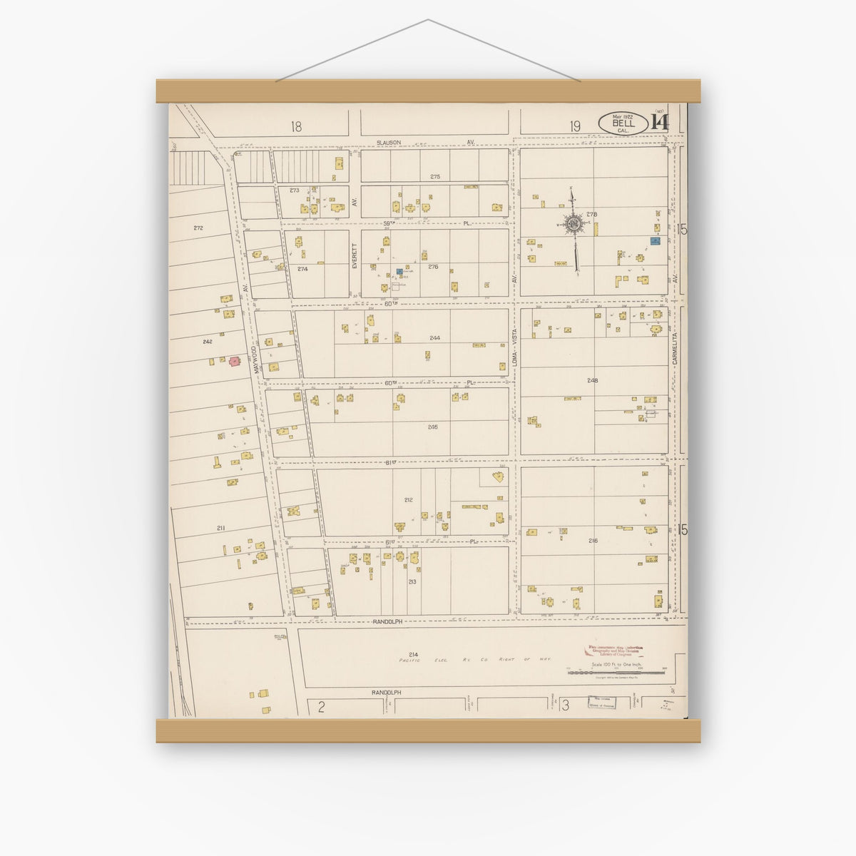 Old map wall art mockup — magnetic wood frame on white wall — Sanborn Fire Insurance Map from Bell, Los Angeles County, California (1922), Sheet #0014