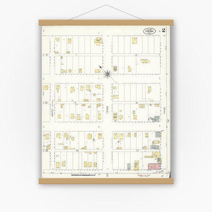 Old map wall art mockup — magnetic wood frame on white wall — Sanborn Fire Insurance Map from Dinuba, Tulare County, California (1907), Sheet #0002