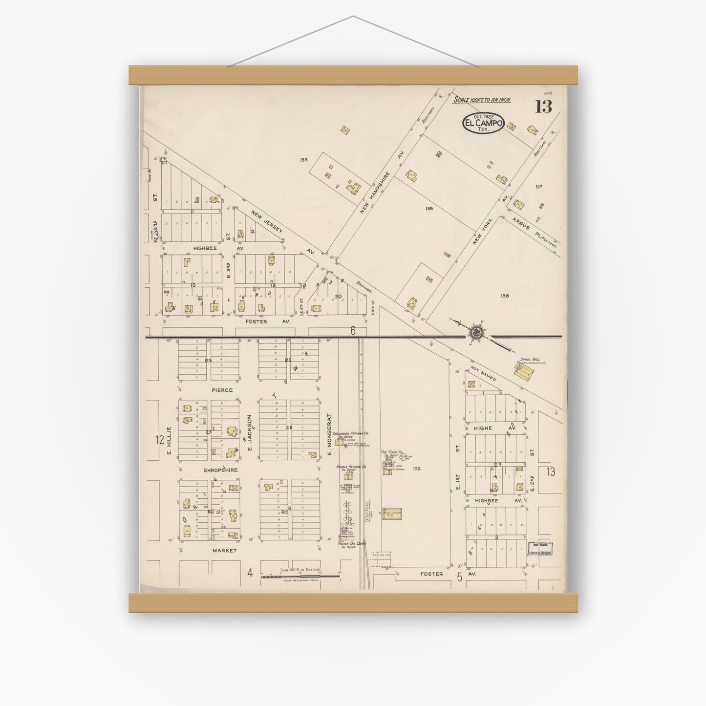 Old map wall art mockup — magnetic wood frame on white wall — Sanborn Fire Insurance Map from El Campo, Wharton County, Texas (1922), Sheet #0013