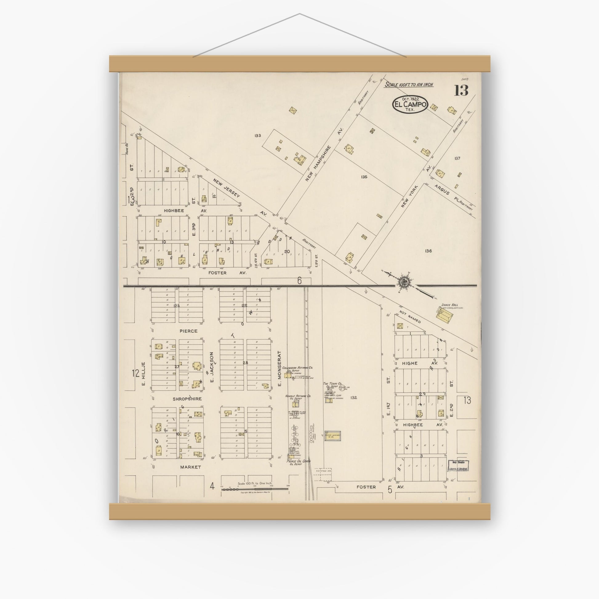 Old map wall art mockup — magnetic wood frame on white wall — Sanborn Fire Insurance Map from El Campo, Wharton County, Texas (1922), Sheet #0013