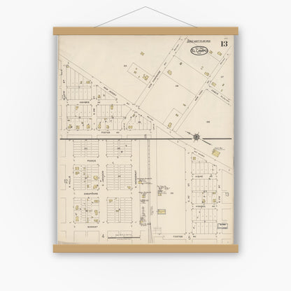 Old map wall art mockup — magnetic wood frame on white wall — Sanborn Fire Insurance Map from El Campo, Wharton County, Texas (1922), Sheet #0013