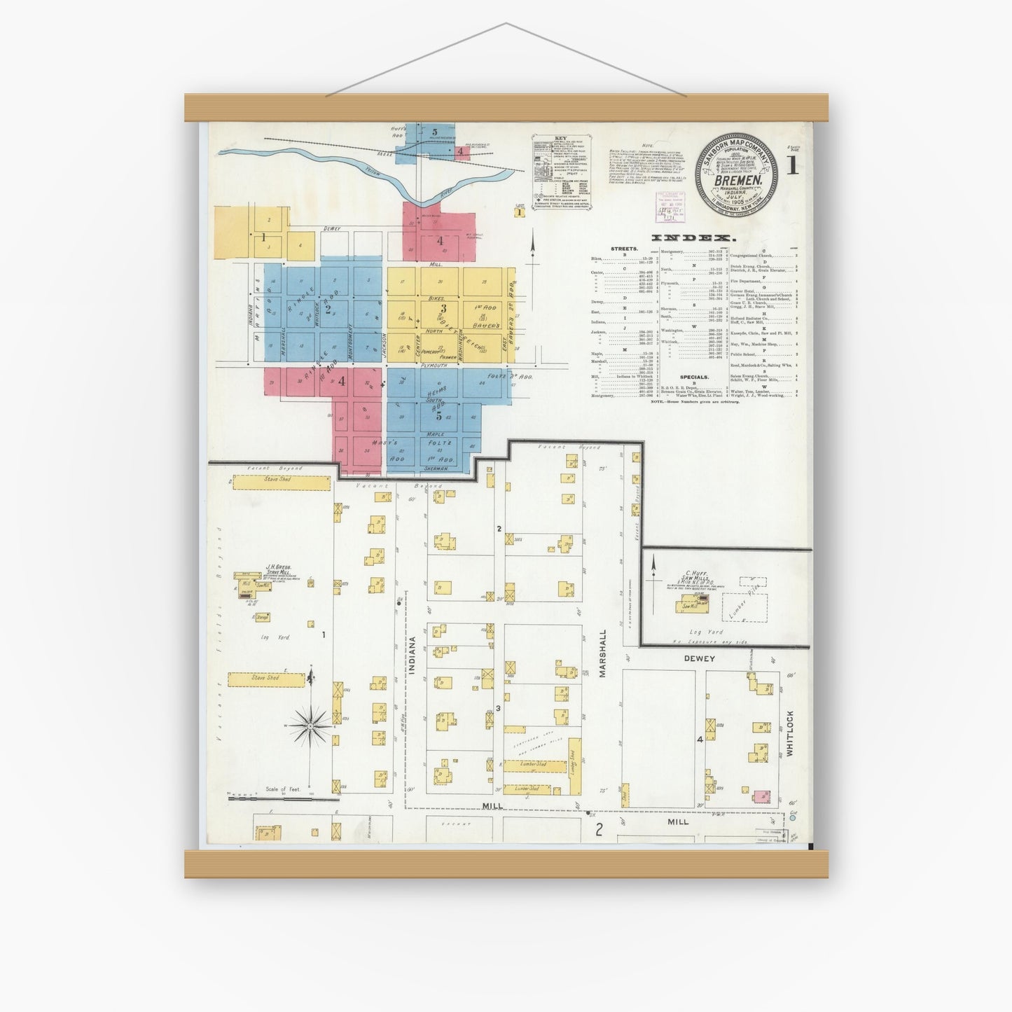 Old map wall art mockup — magnetic wood frame on white wall — Sanborn Fire Insurance Map from Bremen, Marshall County, Indiana (1905) - Complete Map Set