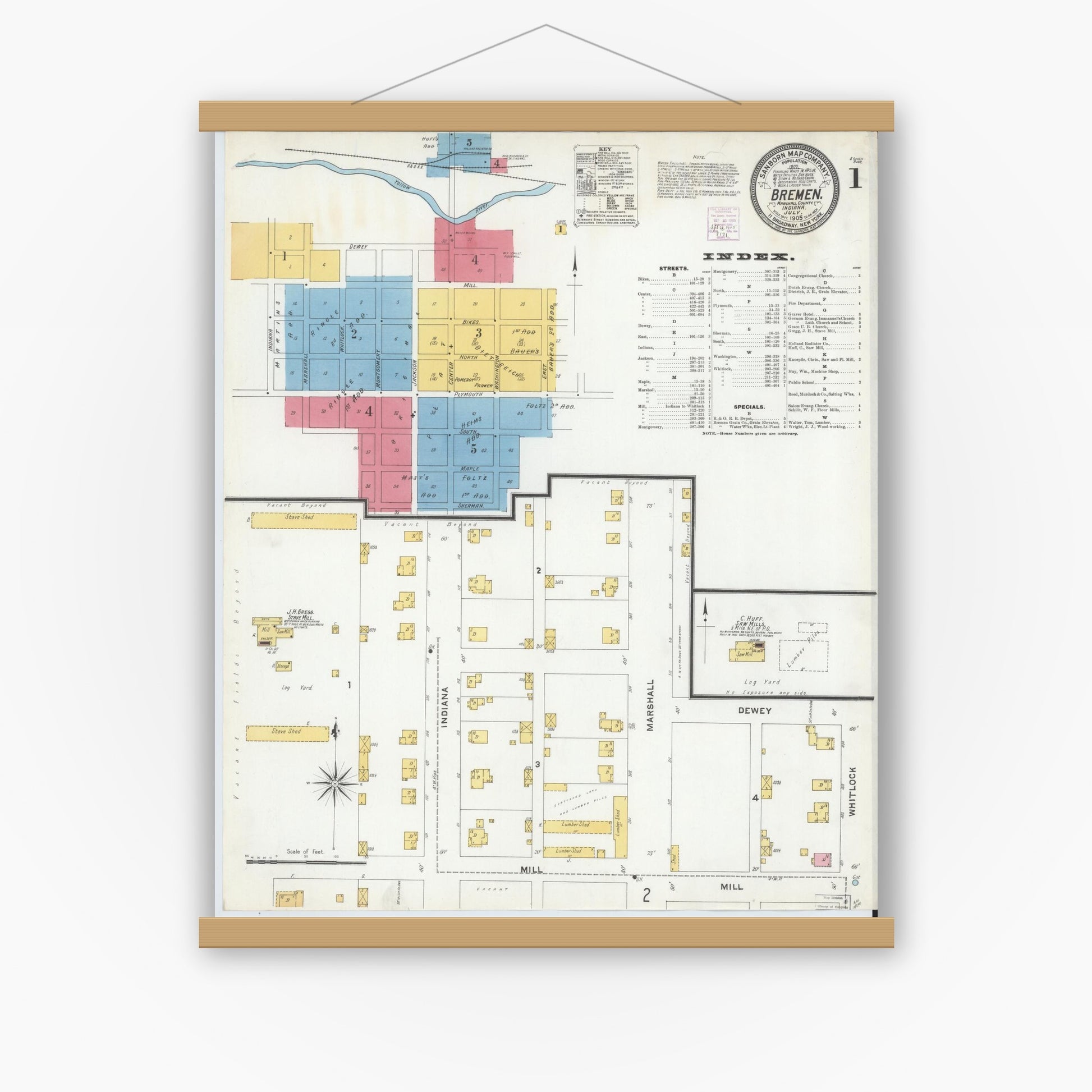 Old map wall art mockup — magnetic wood frame on white wall — Sanborn Fire Insurance Map from Bremen, Marshall County, Indiana (1905) - Complete Map Set