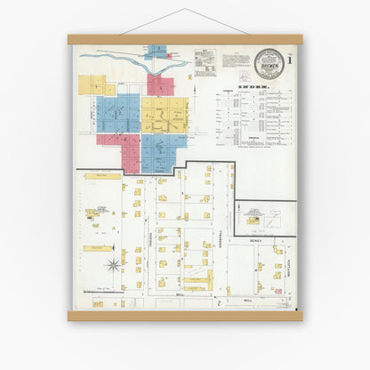 Old map wall art mockup — magnetic wood frame on white wall — Sanborn Fire Insurance Map from Bremen, Marshall County, Indiana (1905) - Complete Map Set