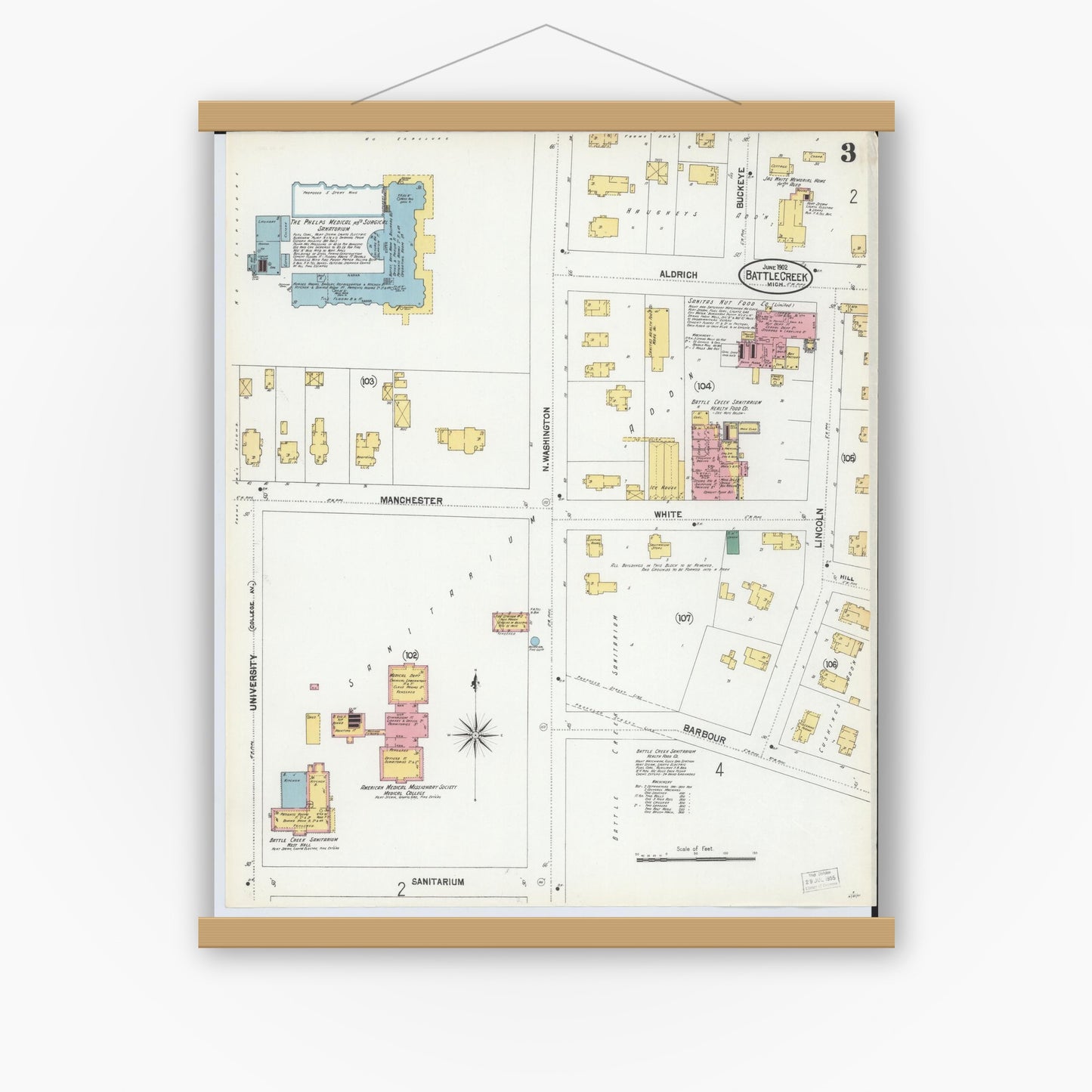 Old map wall art mockup — magnetic wood frame on white wall — Sanborn Fire Insurance Map from Battle Creek, Calhoun County, Michigan (1902), Sheet #0003