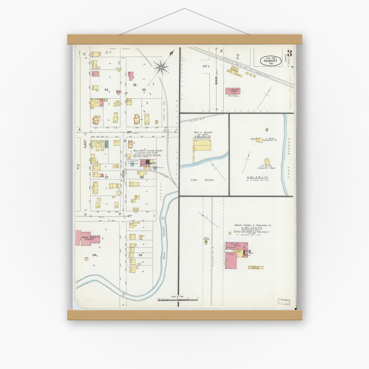 Old map wall art mockup — magnetic wood frame on white wall — Sanborn Fire Insurance Map from Hobart, Lake County, Indiana (1902), Sheet #0003