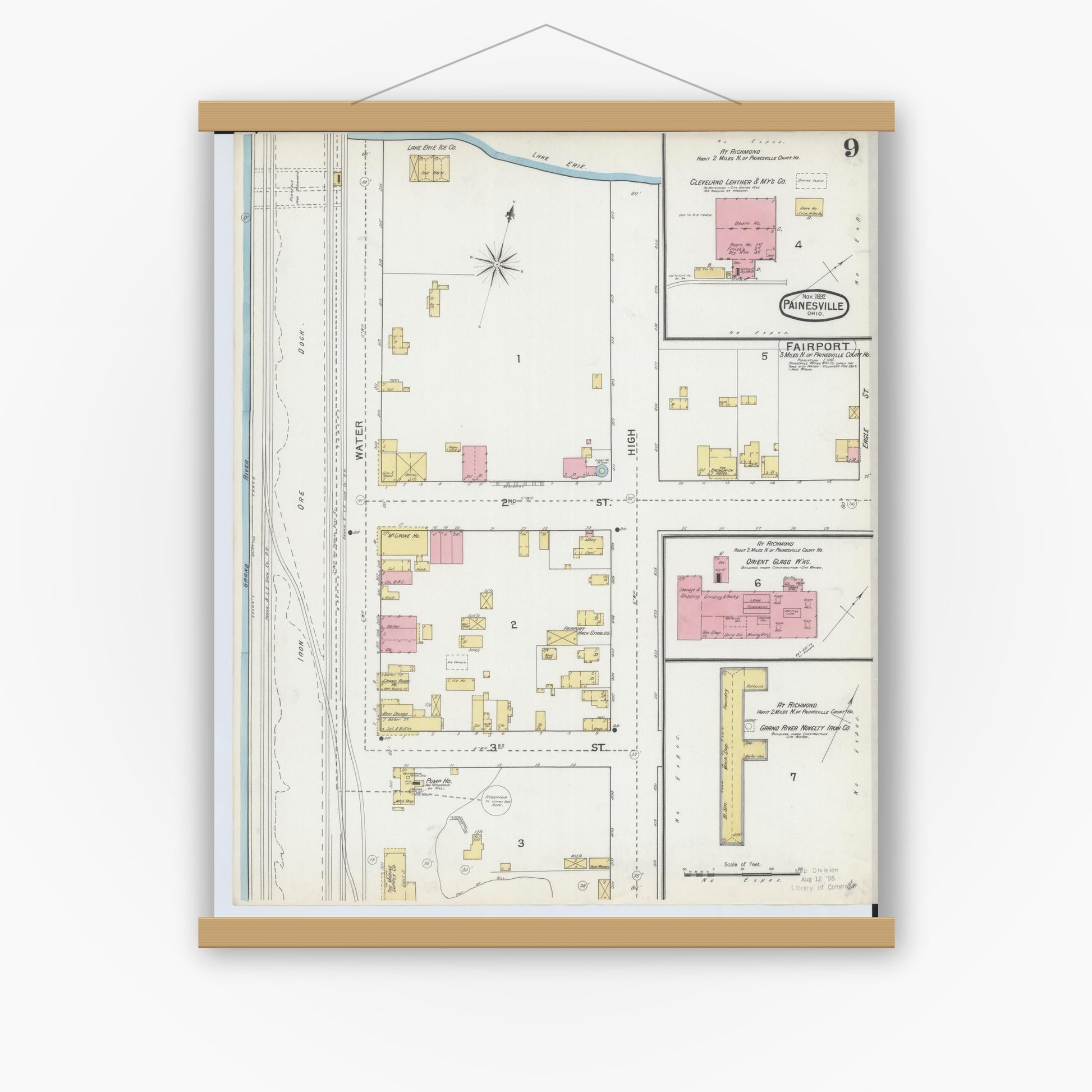 Old map wall art mockup — magnetic wood frame on white wall — Sanborn Fire Insurance Map from Painesville, Lake County, Ohio (1892), Sheet #0009