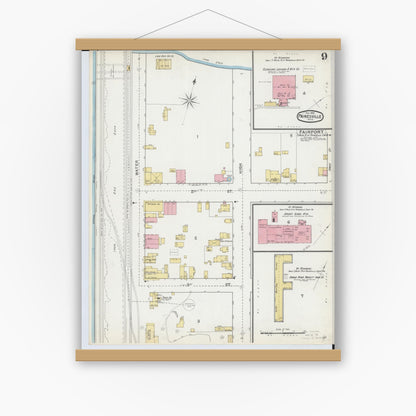 Old map wall art mockup — magnetic wood frame on white wall — Sanborn Fire Insurance Map from Painesville, Lake County, Ohio (1892), Sheet #0009