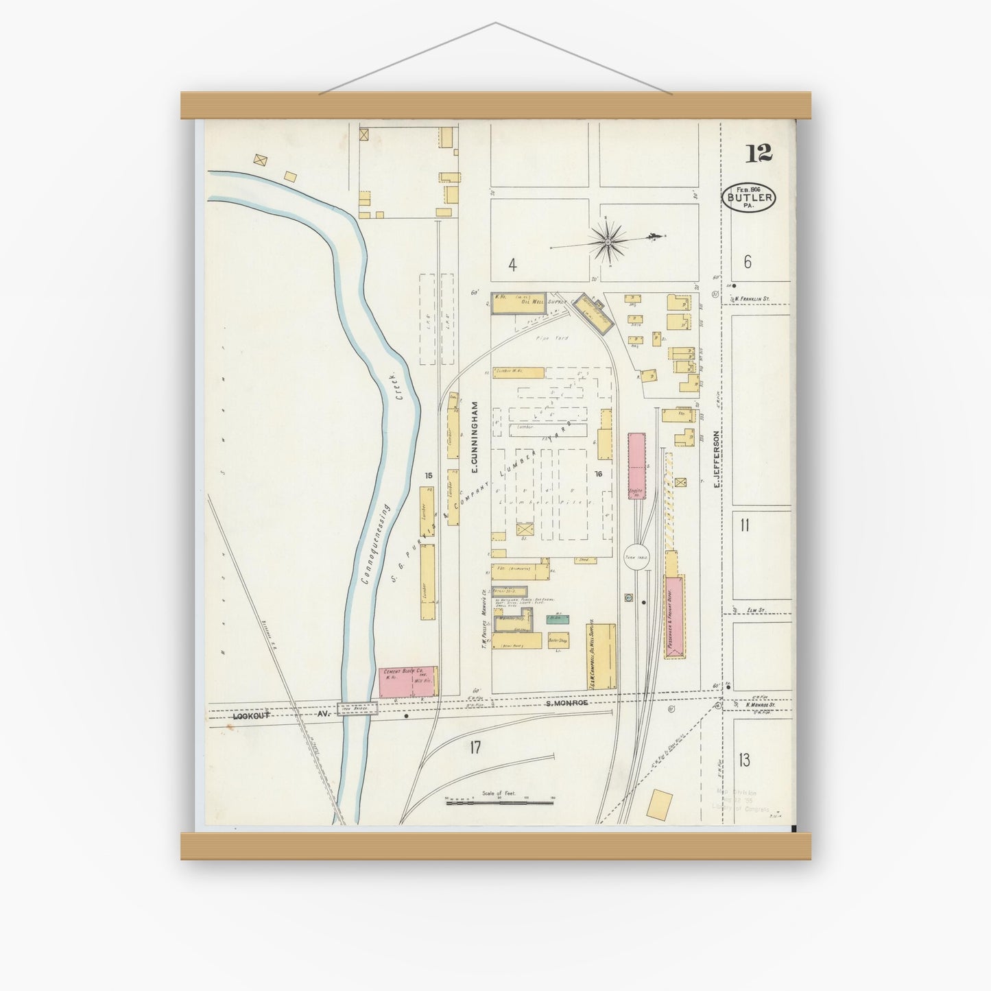 Old map wall art mockup — magnetic wood frame on white wall — Sanborn Fire Insurance Map from Butler, Butler County, Pennsylvania (1906), Sheet #0012