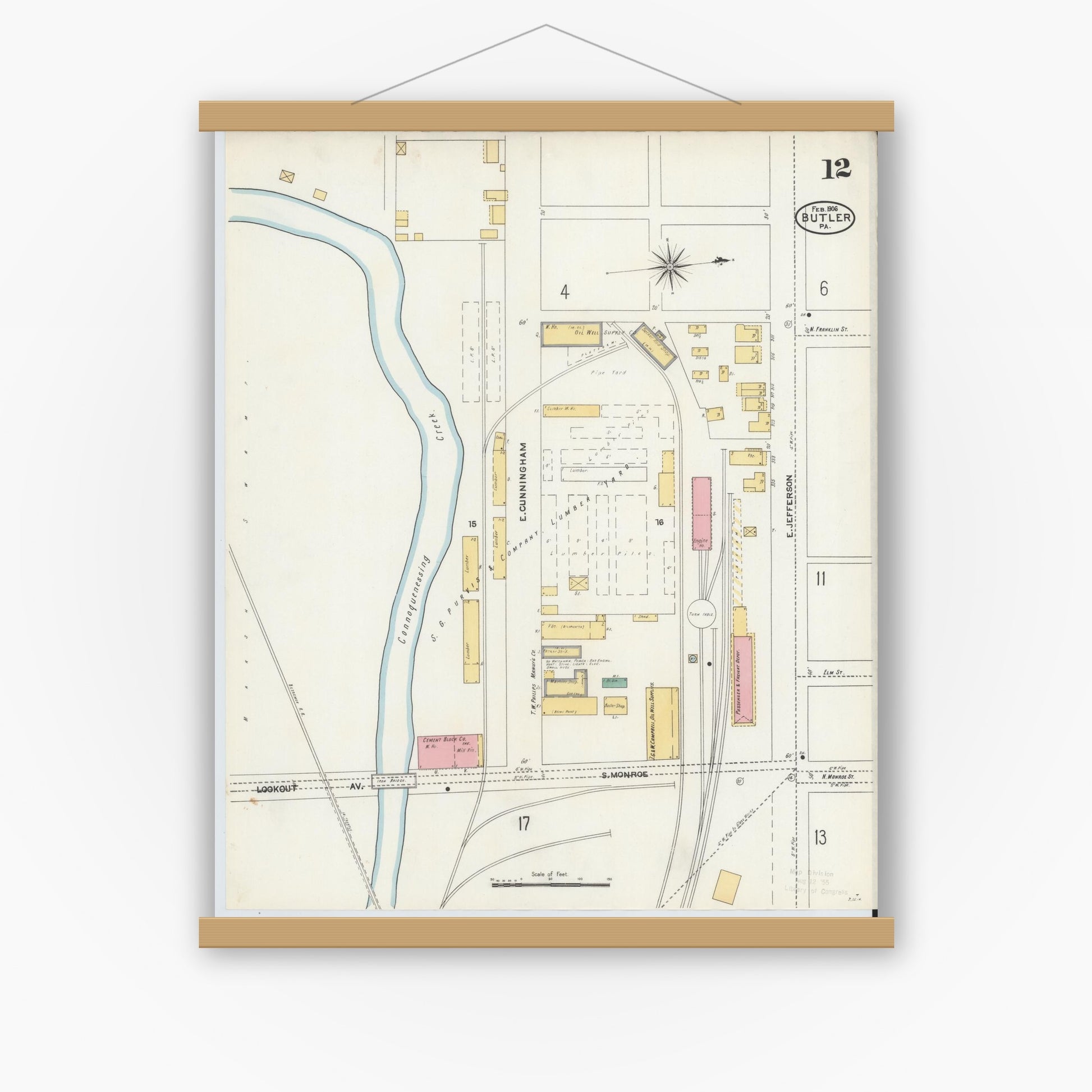 Old map wall art mockup — magnetic wood frame on white wall — Sanborn Fire Insurance Map from Butler, Butler County, Pennsylvania (1906), Sheet #0012