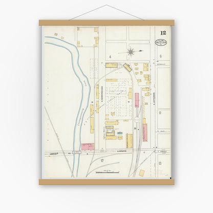 Old map wall art mockup — magnetic wood frame on white wall — Sanborn Fire Insurance Map from Butler, Butler County, Pennsylvania (1906), Sheet #0012