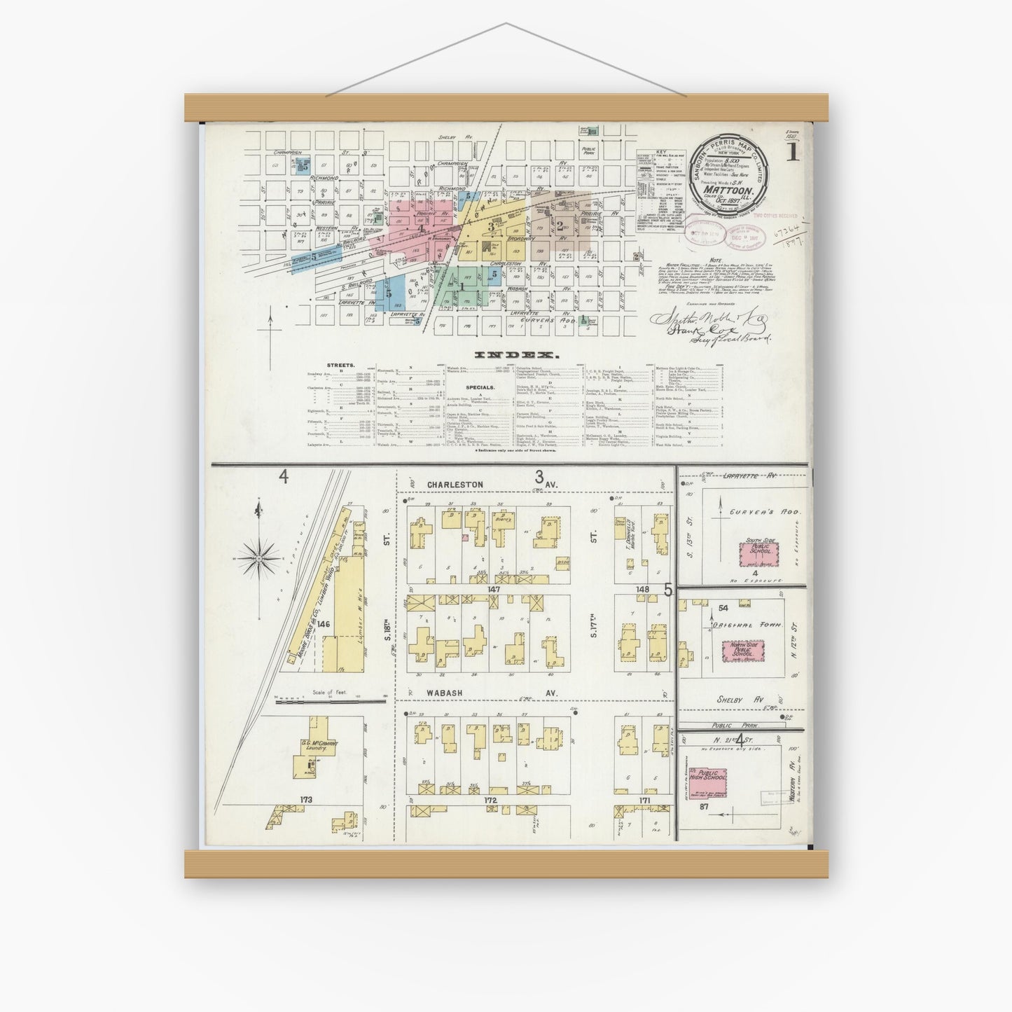 Old map wall art mockup — magnetic wood frame on white wall — Sanborn Fire Insurance Map from Mattoon, Coles County, Illinois (1897), Sheet #0001
