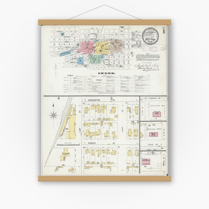 Old map wall art mockup — magnetic wood frame on white wall — Sanborn Fire Insurance Map from Mattoon, Coles County, Illinois (1897), Sheet #0001