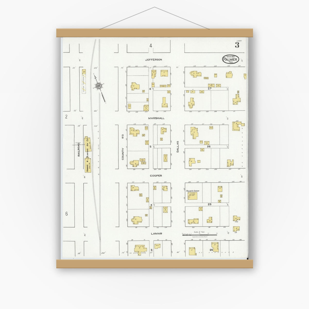 Old map wall art mockup — magnetic wood frame on white wall — Sanborn Fire Insurance Map from Palmer, Ellis County, Texas (1921), Sheet #0003