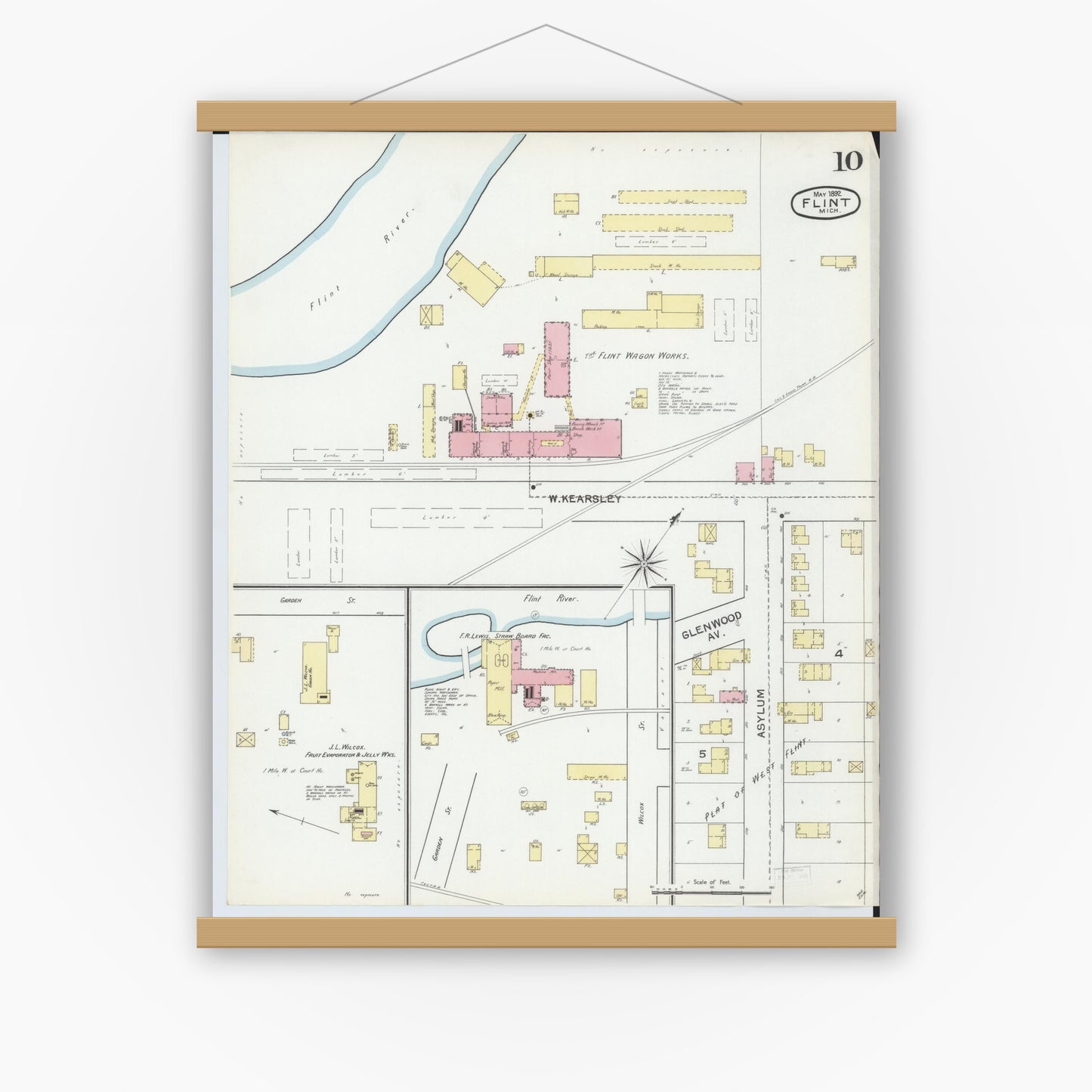 Old map wall art mockup — magnetic wood frame on white wall — Sanborn Fire Insurance Map from Flint, Genesee County, Michigan (1892), Sheet #0010