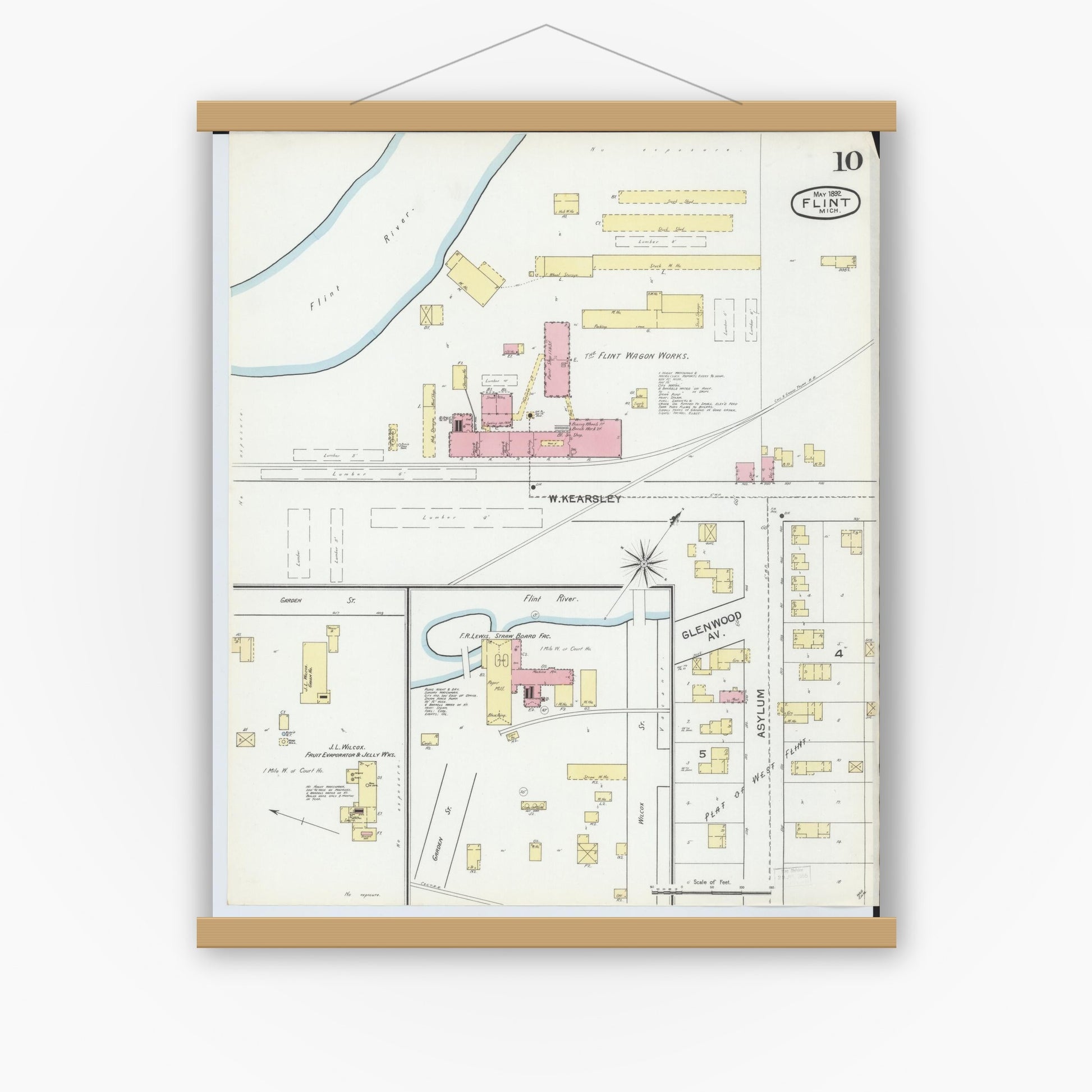 Old map wall art mockup — magnetic wood frame on white wall — Sanborn Fire Insurance Map from Flint, Genesee County, Michigan (1892), Sheet #0010