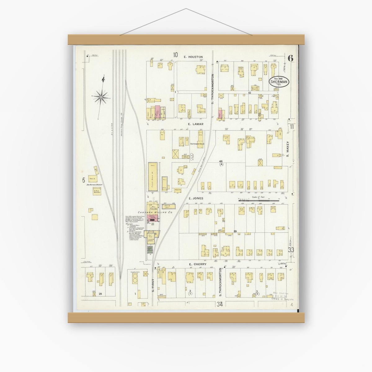 Old map wall art mockup — magnetic wood frame on white wall — Sanborn Fire Insurance Map from Sherman, Grayson County, Texas (1908), Sheet #0006
