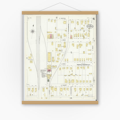 Old map wall art mockup — magnetic wood frame on white wall — Sanborn Fire Insurance Map from Sherman, Grayson County, Texas (1908), Sheet #0006