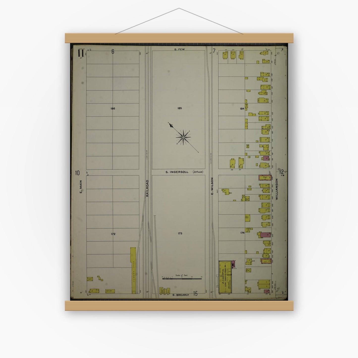 Old map wall art mockup — magnetic wood frame on white wall — Sanborn Fire Insurance Map from Madison, Dane County, Wisconsin (1908), Sheet #0011