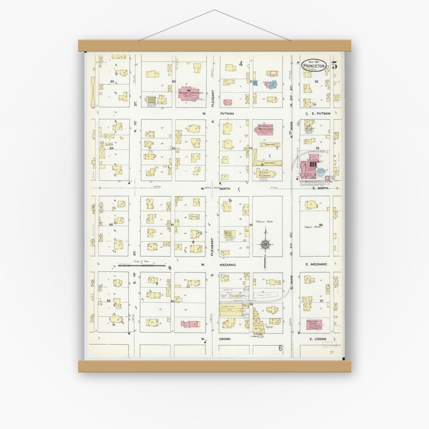 Old map wall art mockup — magnetic wood frame on white wall — Sanborn Fire Insurance Map from Princeton, Bureau County, Illinois (1911), Sheet #0005
