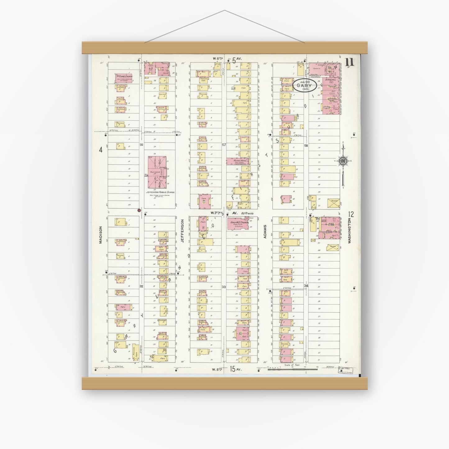 Old map wall art mockup — magnetic wood frame on white wall — Sanborn Fire Insurance Map from Gary, Lake County, Indiana (1911), Sheet #0011