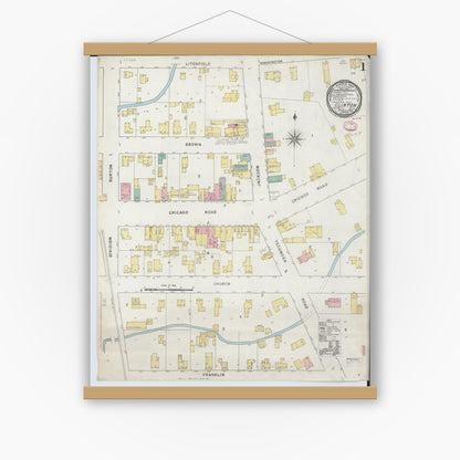 Old map wall art mockup — magnetic wood frame on white wall — Sanborn Fire Insurance Map from Clinton, Lenawee County, Michigan (1895) - Complete Map Set