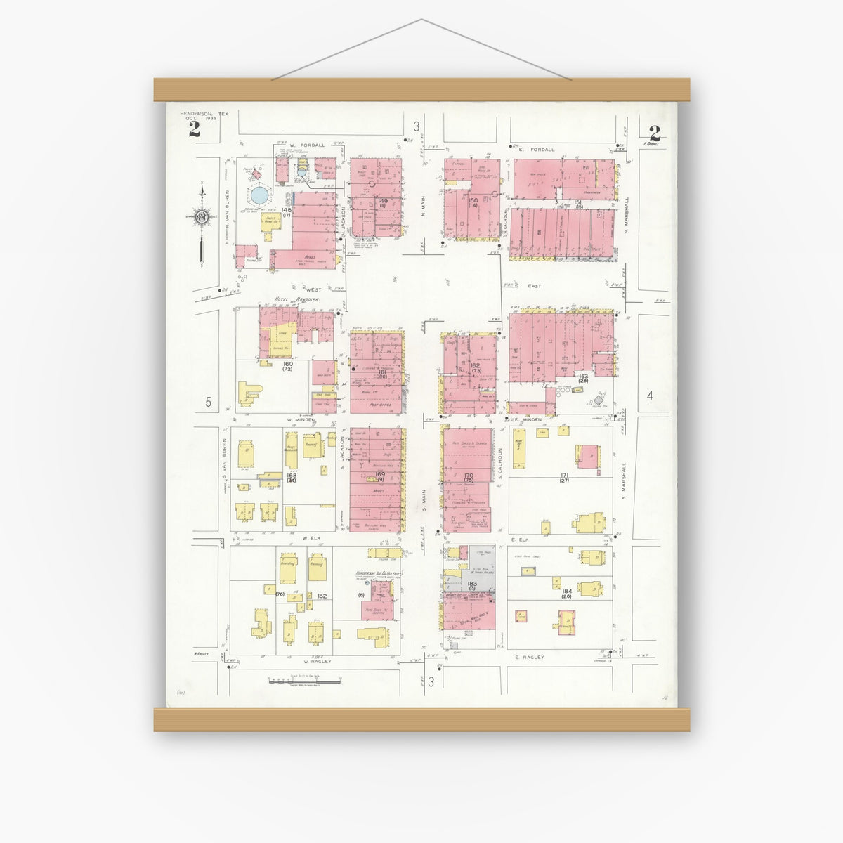 Old map wall art mockup — magnetic wood frame on white wall — Sanborn Fire Insurance Map from Henderson, Rusk County, Texas (1933), Sheet #0002