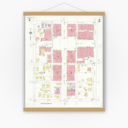 Old map wall art mockup — magnetic wood frame on white wall — Sanborn Fire Insurance Map from Henderson, Rusk County, Texas (1933), Sheet #0002