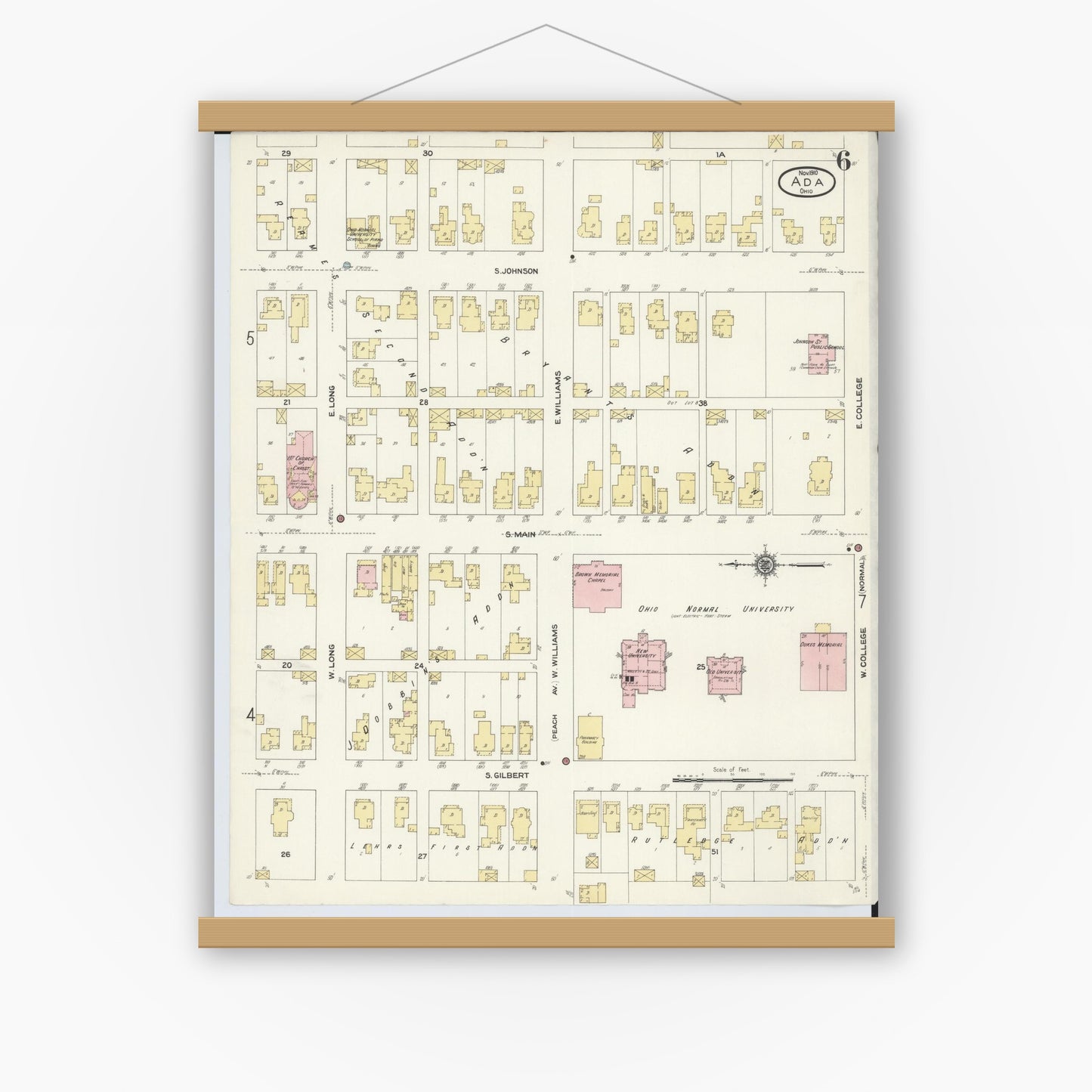 Old map wall art mockup — magnetic wood frame on white wall — Sanborn Fire Insurance Map from Ada, Hardin County, Ohio (1910), Sheet #0006